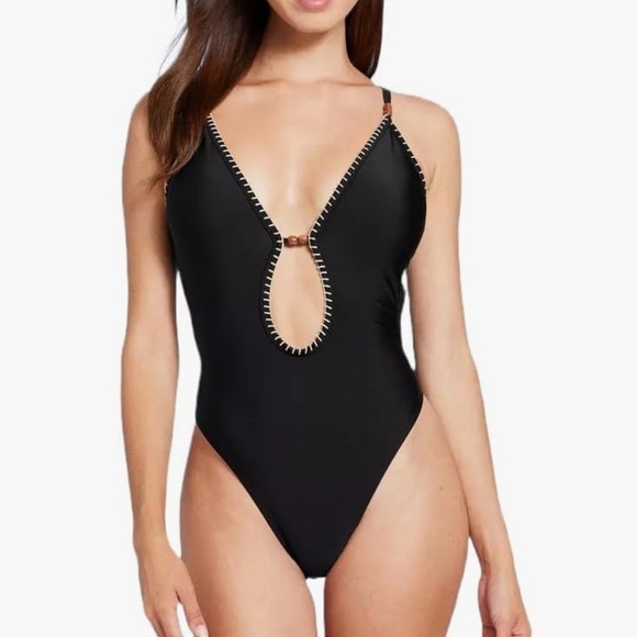 NWT Shade & Shore Plunge High Leg One Piece Swimsuit Size Large Black - Picture 1 of 8
